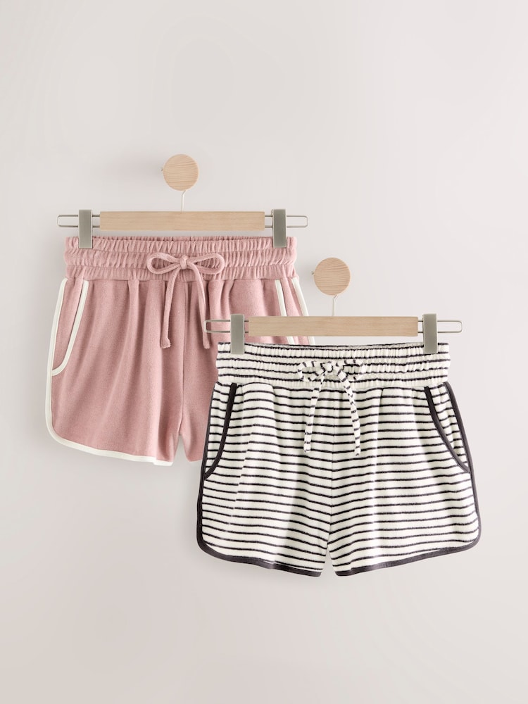 Pink/Ecru Stripe Towelling 100% Cotton Shorts 2 Pack - Image 1 of 5