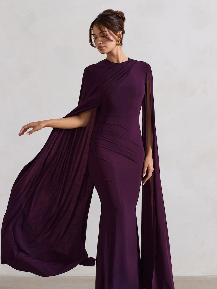 Club L London Purple Magdelena Asymmetric Cape Maxi Dress - Image 1 of 5