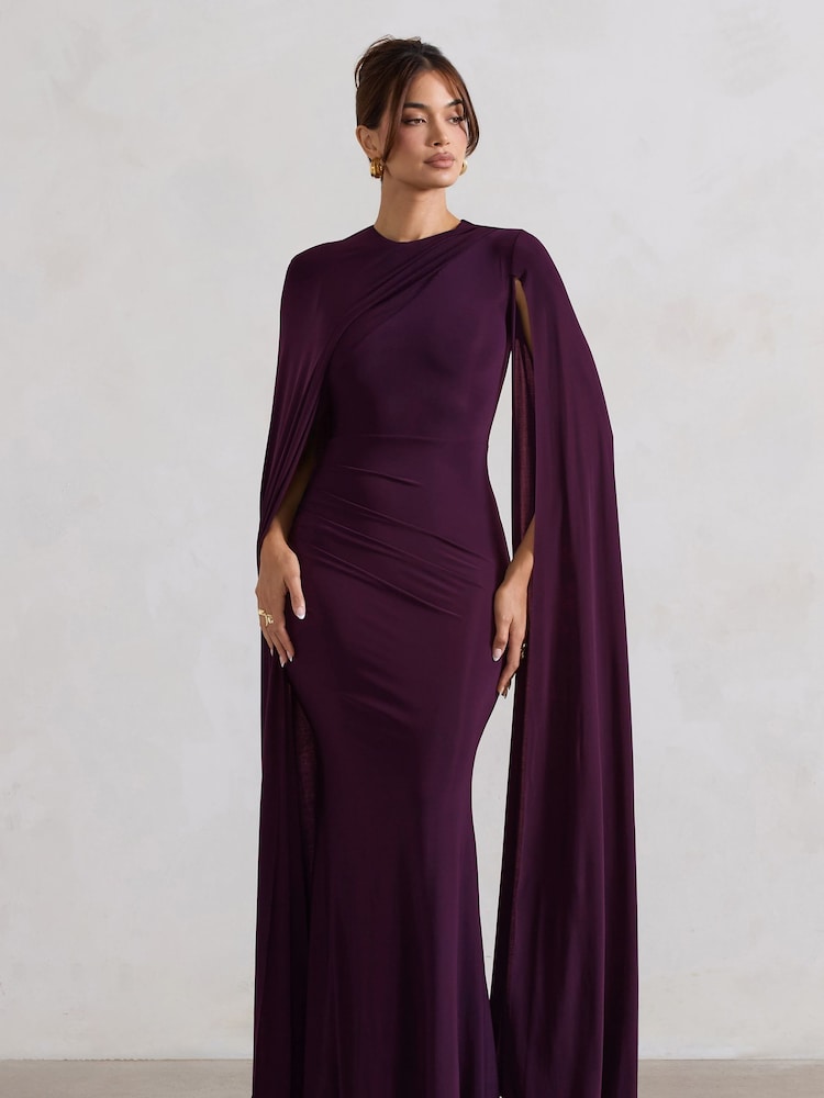 Club L London Purple Magdelena Asymmetric Cape Maxi Dress - Image 2 of 5