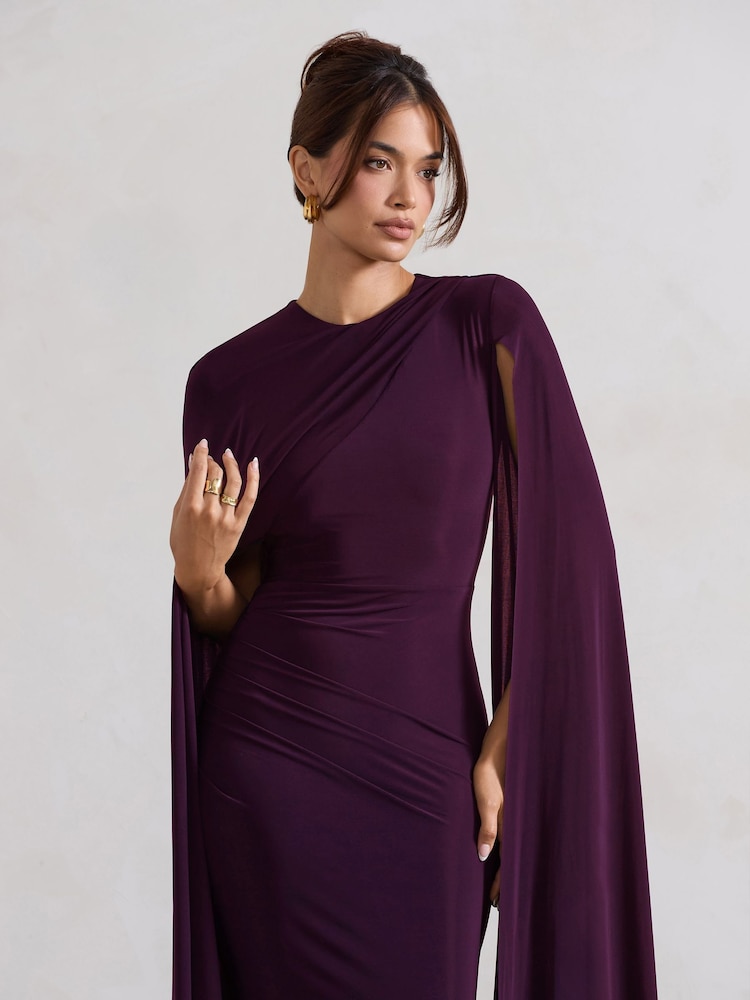 Club L London Purple Magdelena Asymmetric Cape Maxi Dress - Image 4 of 5