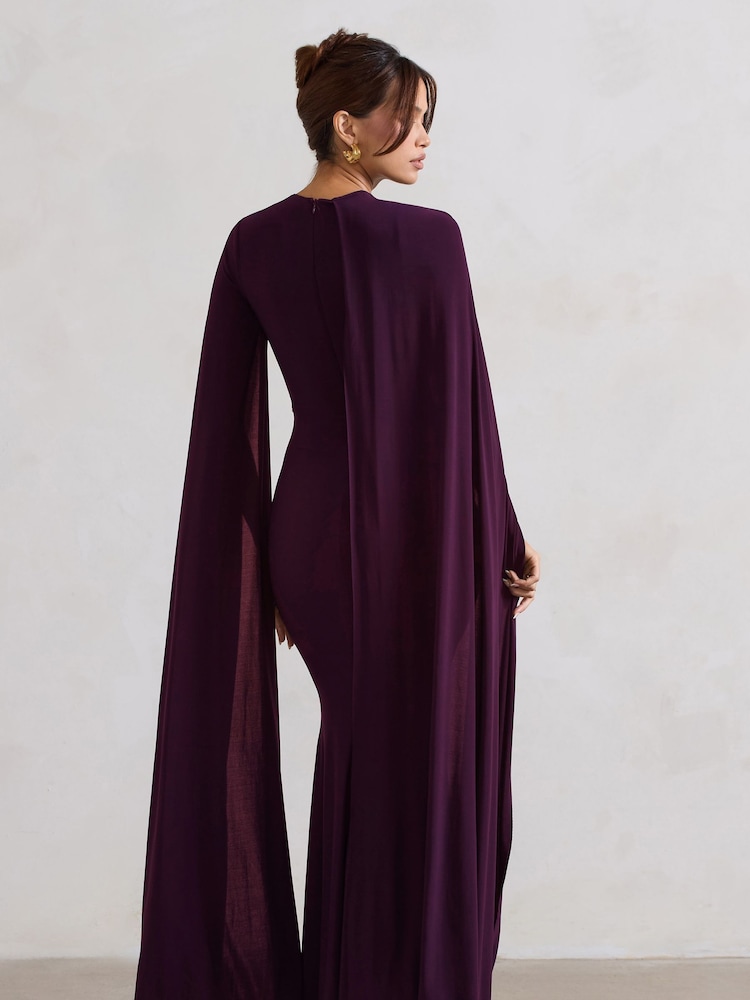 Club L London Purple Magdelena Asymmetric Cape Maxi Dress - Image 5 of 5