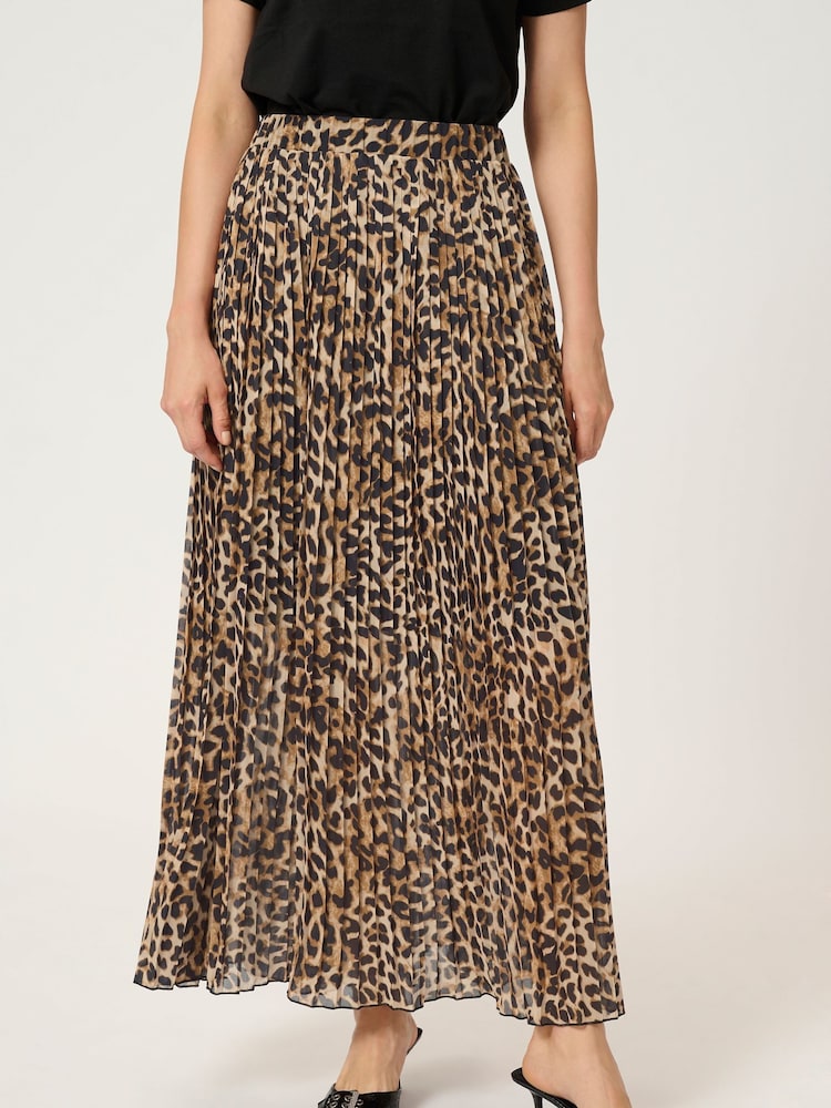 Kaffe KAlilje Leopard Print Pleated Elastic Waist Maxi Black Skirt - Image 1 of 5