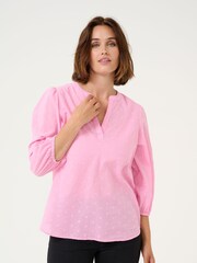 Kaffe Pink Kajollia Notch Neck 3/4 Sleeve 100% Cotton Blouse - Image 1 of 5