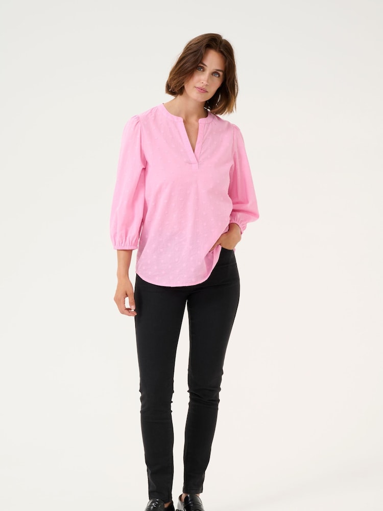 Kaffe Pink Kajollia Notch Neck 3/4 Sleeve 100% Cotton Blouse - Image 2 of 5
