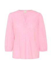 Kaffe Pink Kajollia Notch Neck 3/4 Sleeve 100% Cotton Blouse - Image 4 of 5