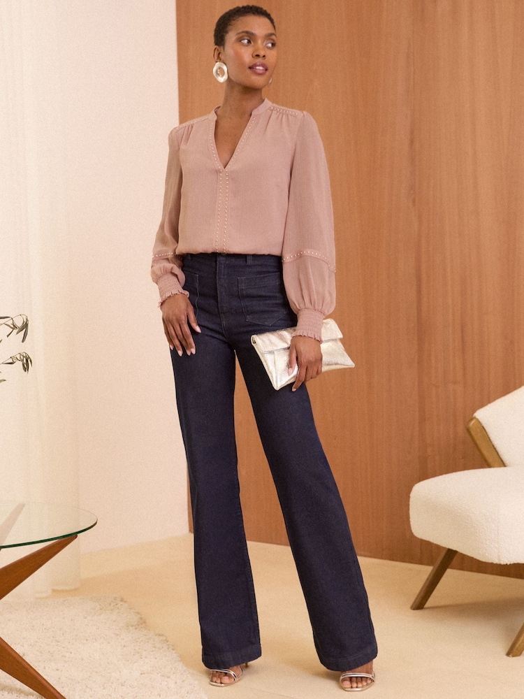Love & Roses Pink V-Neck Hardware Long Sleeve Blouse - Image 3 of 4