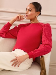 Love & Roses Red Broderie Sleeve Jersey Sweatshirt - Image 1 of 4