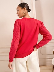Love & Roses Red Broderie Sleeve Jersey Sweatshirt - Image 4 of 4
