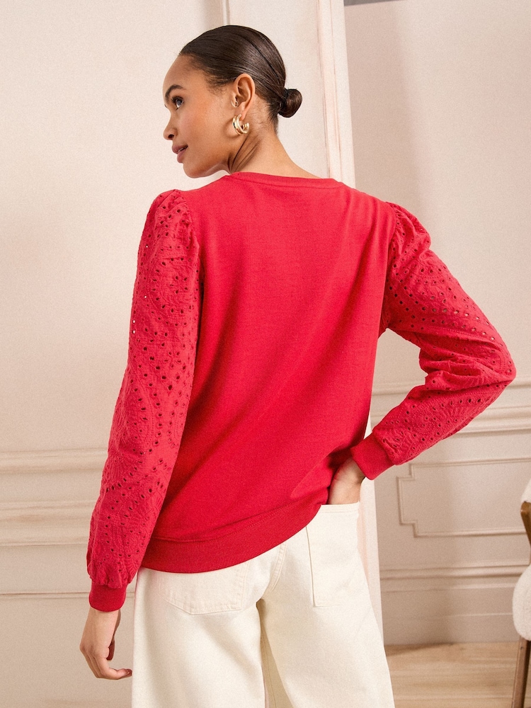 Love & Roses Red Broderie Sleeve Jersey Sweatshirt - Image 4 of 4