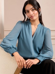 Love & Roses Blue V-Neck Hardware Long Sleeve Blouse - Image 1 of 4