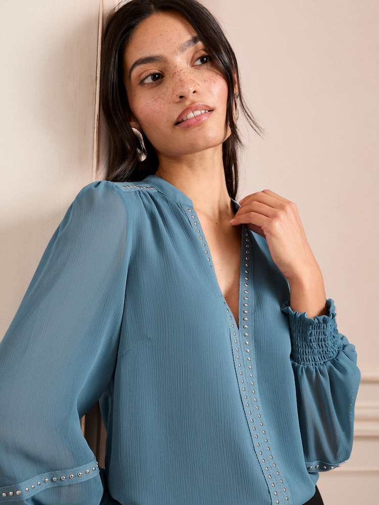 Love & Roses Blue V-Neck Hardware Long Sleeve Blouse - Image 2 of 4