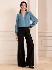 Love & Roses Blue V-Neck Hardware Long Sleeve Blouse - Image 3 of 4