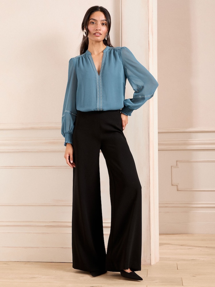 Love & Roses Blue V-Neck Hardware Long Sleeve Blouse - Image 3 of 4