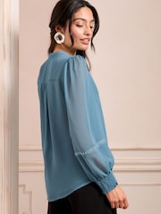 Love & Roses Blue V-Neck Hardware Long Sleeve Blouse - Image 4 of 4