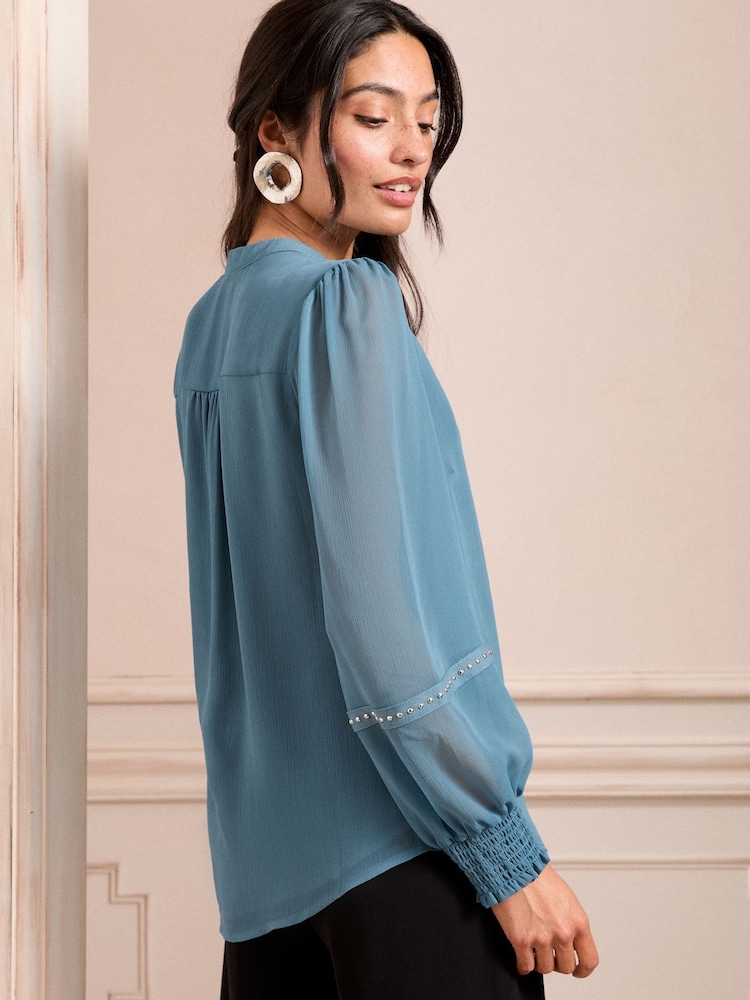 Love & Roses Blue V-Neck Hardware Long Sleeve Blouse - Image 4 of 4