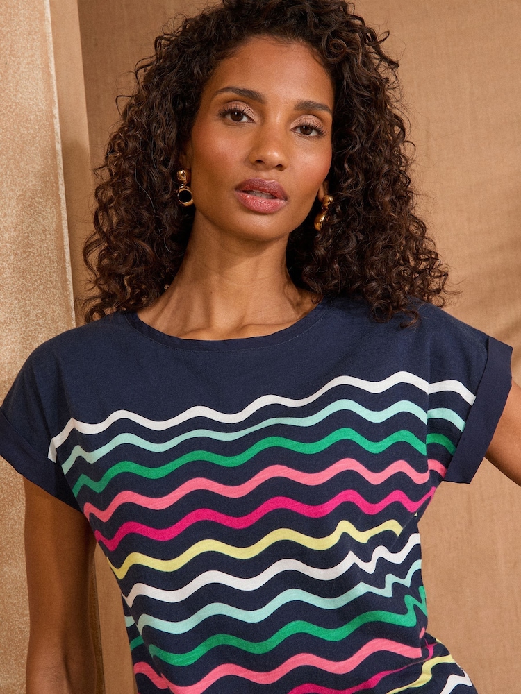 Love & Roses Navy Multi Wave Stripe Crew Neck Jersey T-Shirt - Image 2 of 4 Love & Roses Navy Multi Wave Stripe Crew Neck Jersey T-Shirt - Image 2 of 4