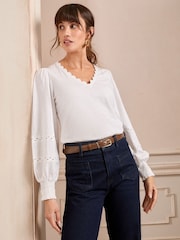 Love & Roses Ivory Ric Rac Trim 100% Cotton V-Neck Jersey Long Sleeve Top - Image 2 of 4