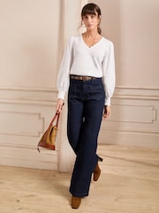 Love & Roses Ivory Ric Rac Trim 100% Cotton V-Neck Jersey Long Sleeve Top - Image 3 of 4