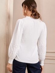 Love & Roses Ivory Ric Rac Trim 100% Cotton V-Neck Jersey Long Sleeve Top - Image 4 of 4