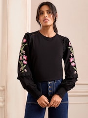 Love & Roses Black 100% Cotton Embroidered Jersey Frill Sleeve Top - Image 2 of 4