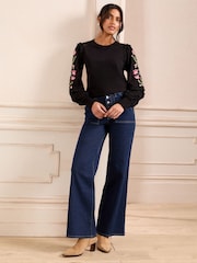 Love & Roses Black 100% Cotton Embroidered Jersey Frill Sleeve Top - Image 3 of 4