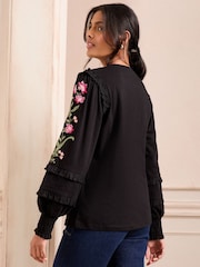 Love & Roses Black 100% Cotton Embroidered Jersey Frill Sleeve Top - Image 4 of 4