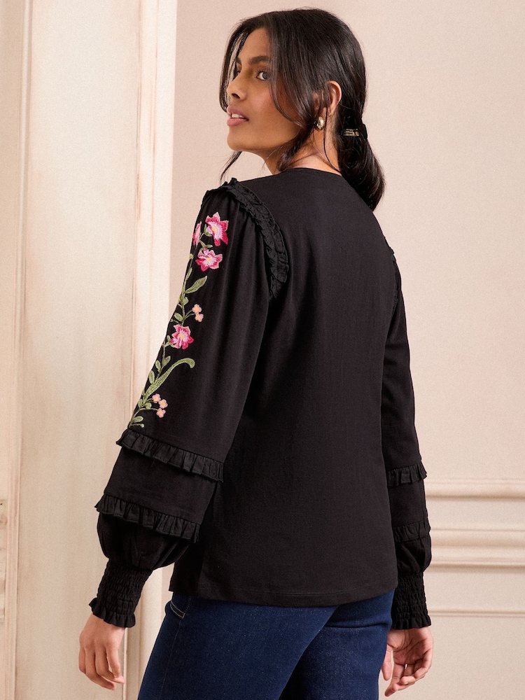 Love & Roses Black 100% Cotton Embroidered Jersey Frill Sleeve Top - Image 4 of 4