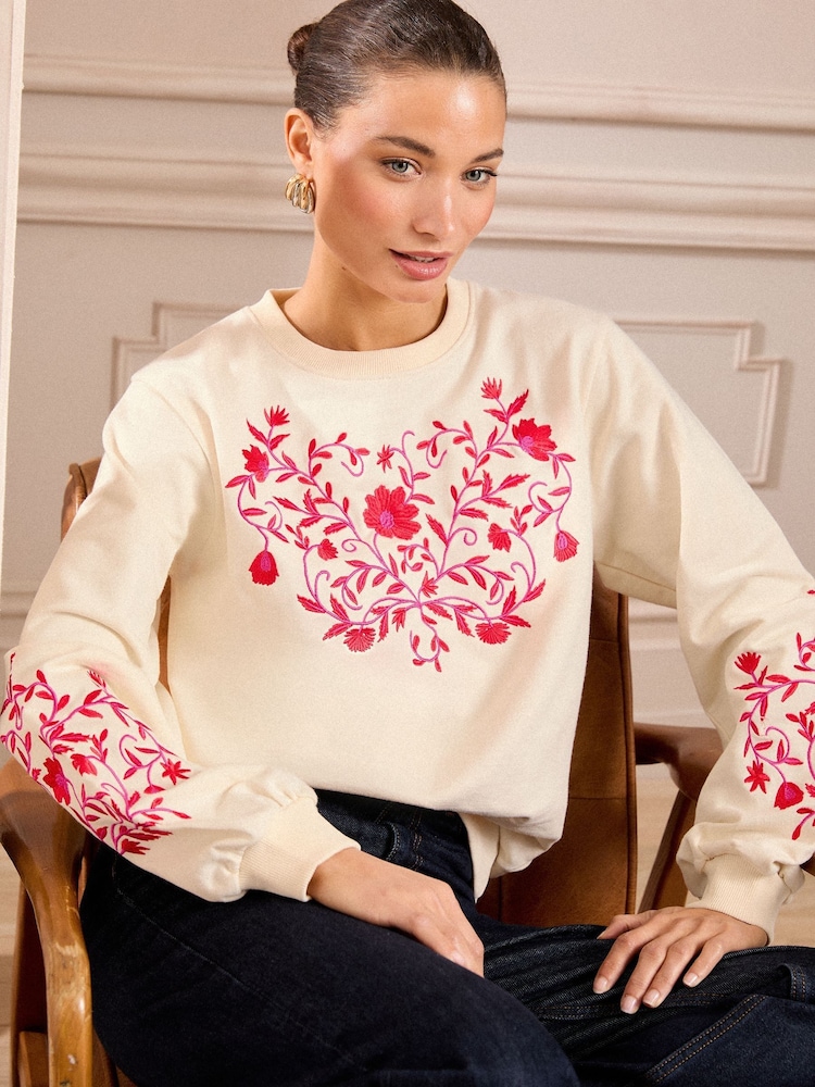 Love & Roses Ivory Red And Pink Embroidered Jersey Sweatshirt - Image 1 of 4