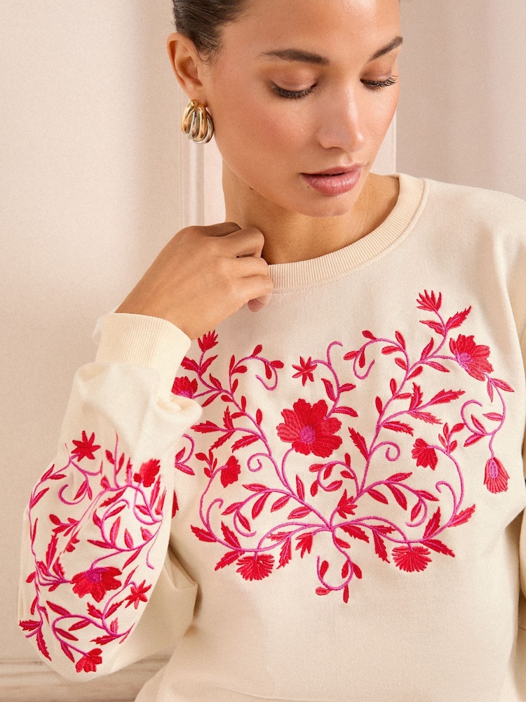 Love & Roses Ivory Red And Pink Embroidered Jersey Sweatshirt - Image 2 of 4