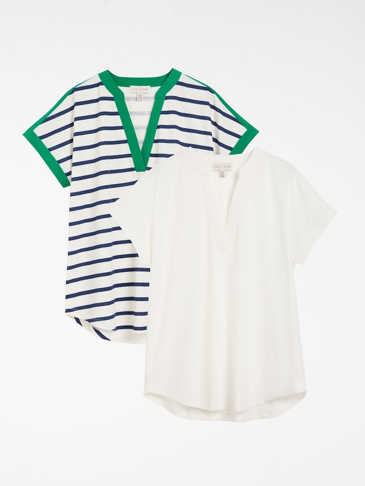 Love & Roses Ivory and Stripe X2 Notch Neck Jersey T-Shirt 2 Pack - Image 1 of 7
