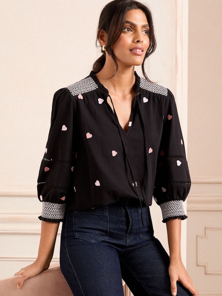 Love & Roses Black Embroidered Heart 100% Cotton V-Neck Jersey Long Sleeve Top - Image 1 of 4