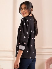 Love & Roses Black Embroidered Heart 100% Cotton V-Neck Jersey Long Sleeve Top - Image 2 of 4