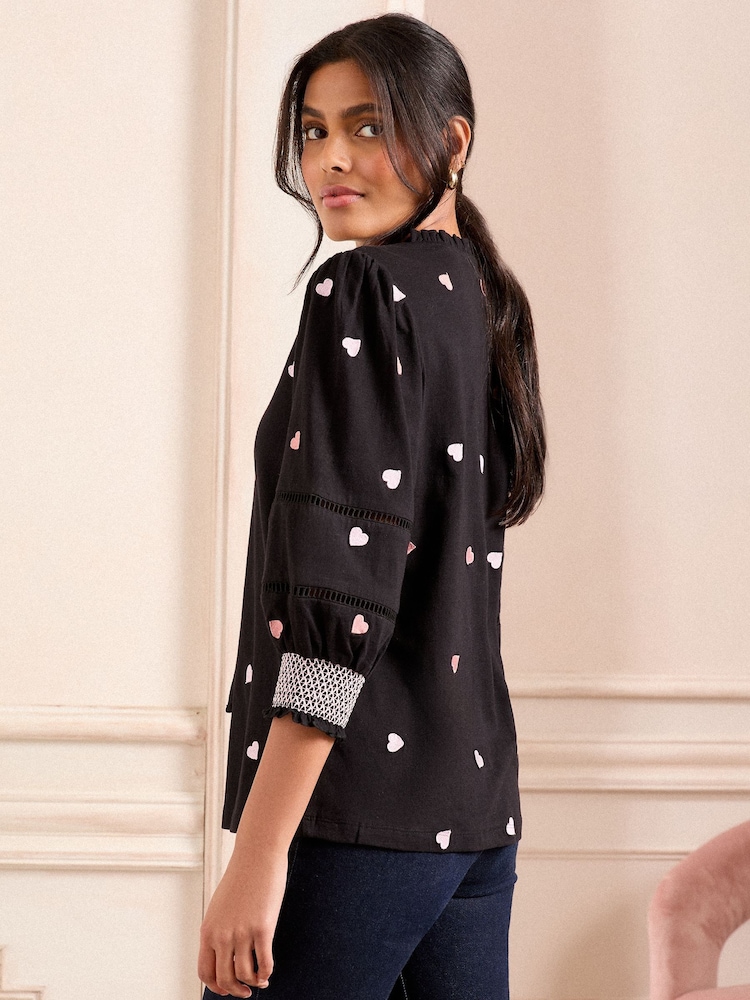 Love & Roses Black Embroidered Heart 100% Cotton V-Neck Jersey Long Sleeve Top - Image 2 of 4