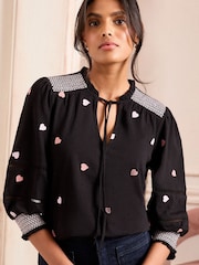 Love & Roses Black Embroidered Heart 100% Cotton V-Neck Jersey Long Sleeve Top - Image 4 of 4