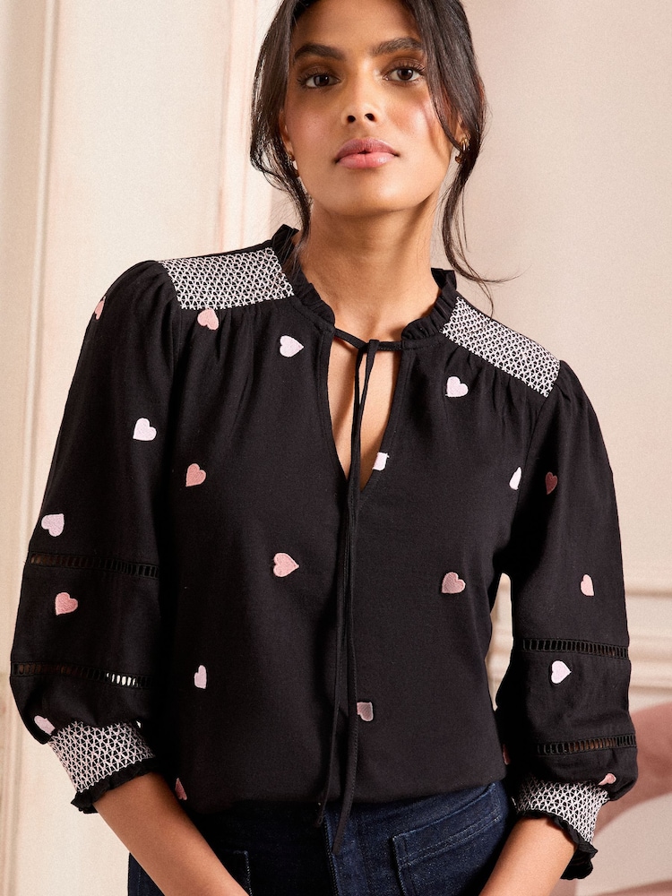Love & Roses Black Embroidered Heart 100% Cotton V-Neck Jersey Long Sleeve Top - Image 4 of 4