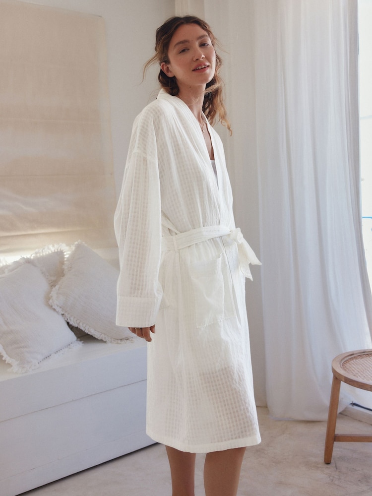 White 100% Cotton Gingham Lightweight Dressing Gown - Image 1 of 8 White 100% Cotton Gingham Lightweight Dressing Gown - Image 1 of 8