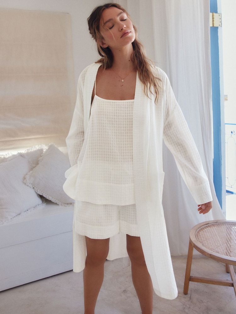 White 100% Cotton Gingham Lightweight Dressing Gown - Image 3 of 8