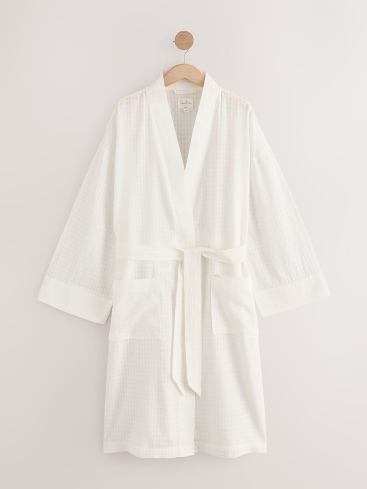 White 100% Cotton Gingham Lightweight Dressing Gown - Image 6 of 8