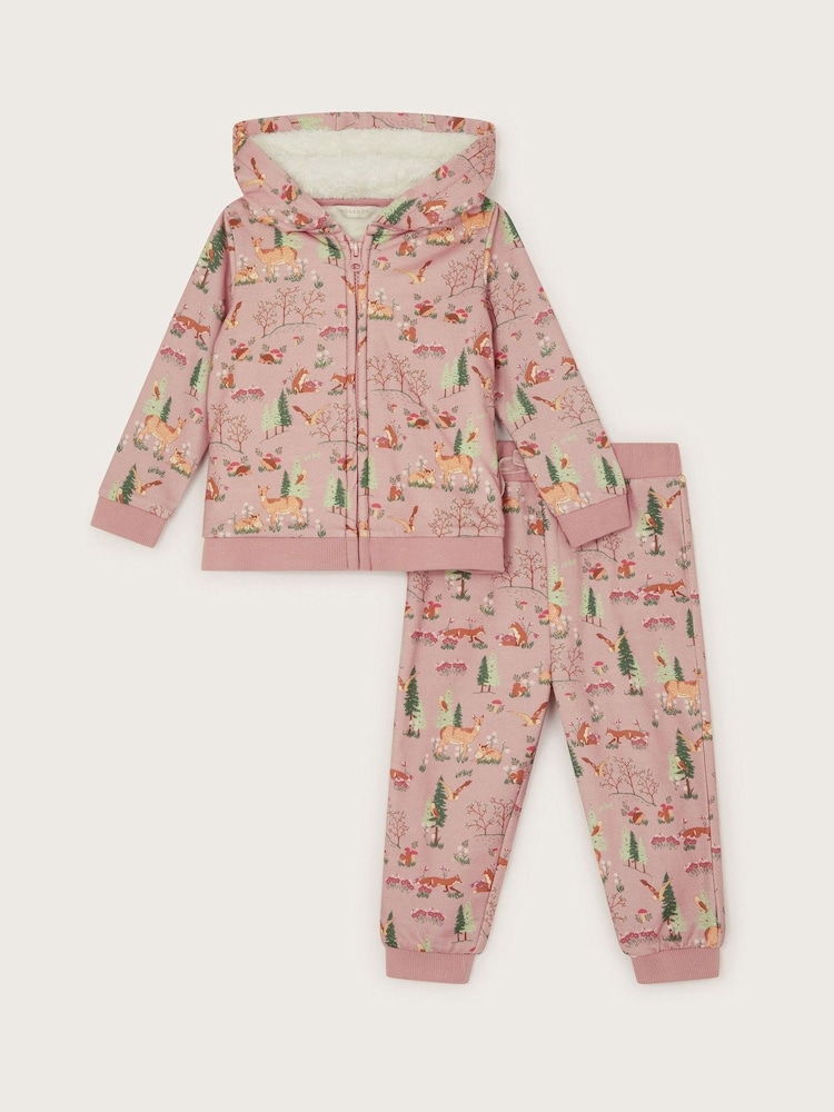 Monsoon Purple Baby Woodland Print Zip 100% Cotton Hoodie and Joggers Set - Image 1 of 1