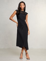 Lipsy Black Petite Lace Top Asymmetrical Fit and Flare Midi Dress - Image 1 of 1