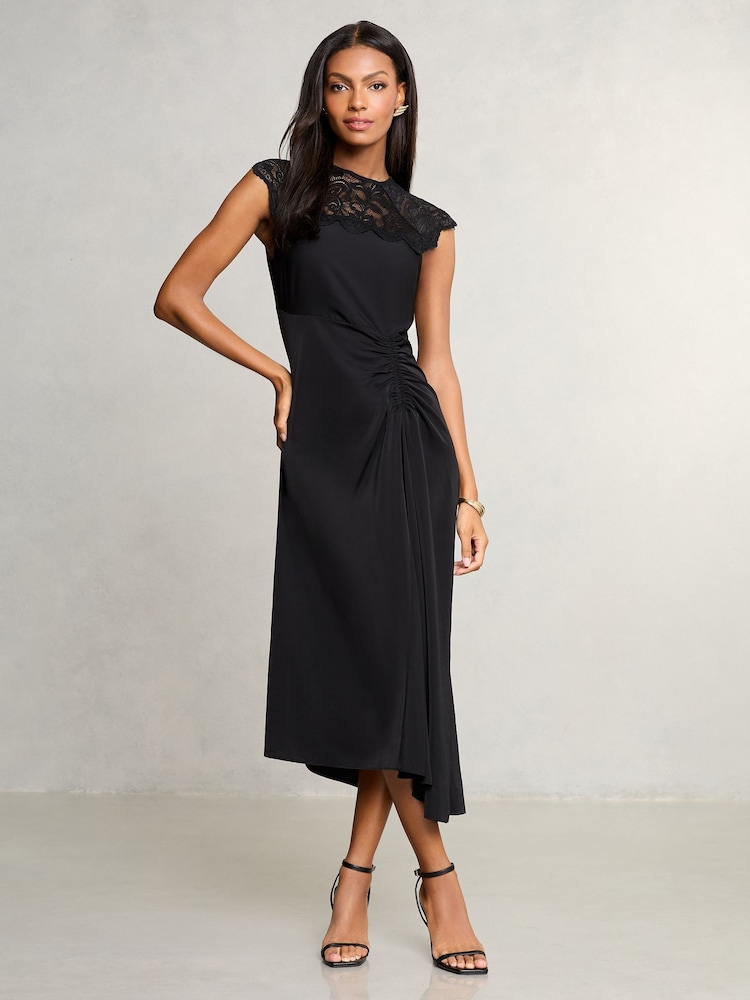 Lipsy Black Petite Lace Top Asymmetrical Fit and Flare Midi Dress - Image 1 of 1