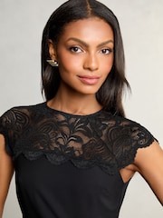 Lipsy Black Petite Lace Top Asymmetrical Fit and Flare Midi Dress - Image 2 of 4