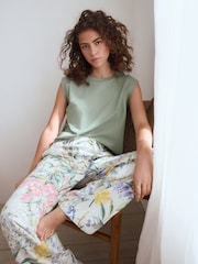 Sage Green Floral 100% Cotton Cap Sleeve Pyjamas - Image 3 of 10