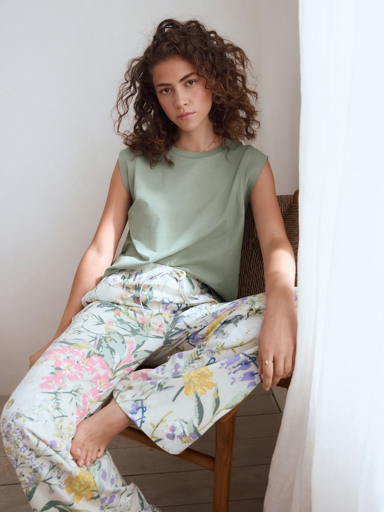Sage Green Floral 100% Cotton Cap Sleeve Pyjamas - Image 3 of 10
