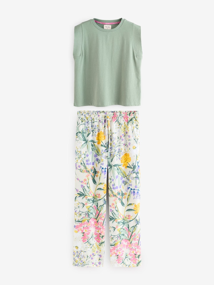 Sage Green Floral 100% Cotton Cap Sleeve Pyjamas - Image 6 of 10