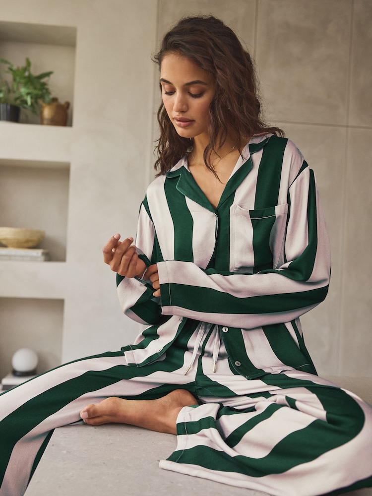 Green Stripe Button Through Pyjamas - Image 1 of 7