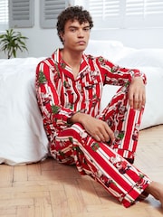 Chelsea Peers Red Christmas Santa Stripe Print Long Pyjamas Set - Image 3 of 5