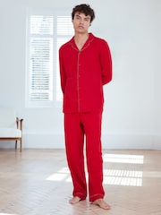 Chelsea Peers Red 100% Organic Cotton Christmas Candy Cane Stripe Trim Long Pyjamas Set - Image 1 of 5