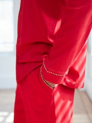 Chelsea Peers Red 100% Organic Cotton Christmas Candy Cane Stripe Trim Long Pyjamas Set - Image 5 of 5