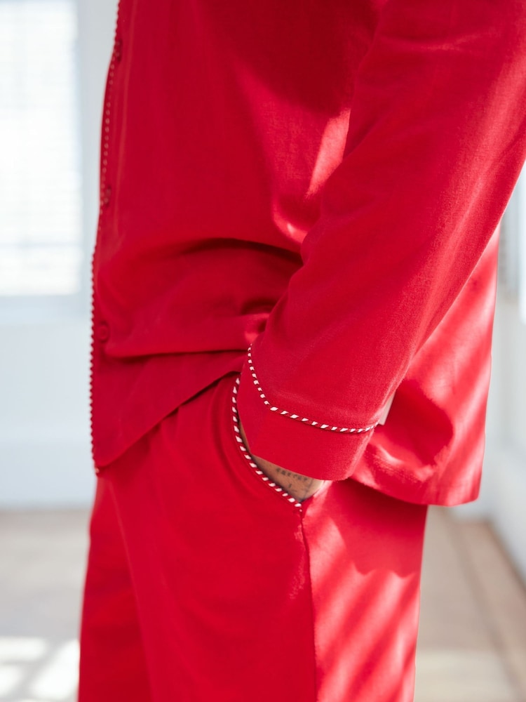 Chelsea Peers Red 100% Organic Cotton Christmas Candy Cane Stripe Trim Long Pyjamas Set - Image 5 of 5
